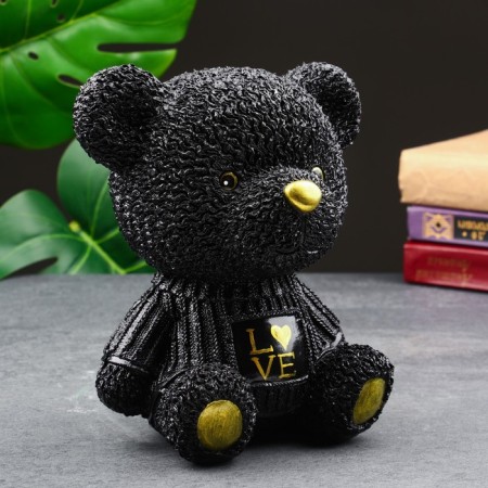 The piggy bank "Bear in the jacket" is black, gold, 19 cm