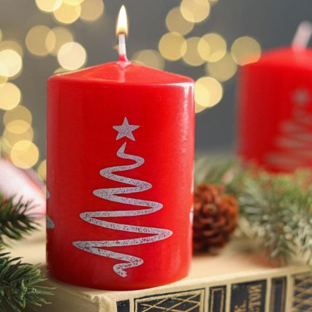Candle - cylinder "Christmas tree", 5.6x8 cm, red with silver