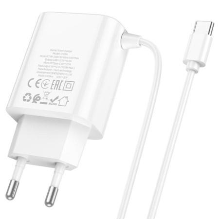 Network charger HOCO C103A, 2 USB, 2.1 A, built-in Type-C, 1 m, white cable.-1