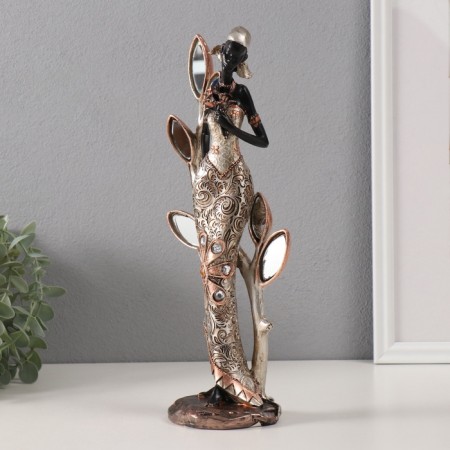 Polystone souvenir "African with a flower by a tree with mirror leaves" 13x9x32 cm-3