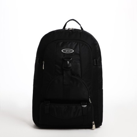 Tourist backpack on lightning, with an increase, 5 outer pockets, black color