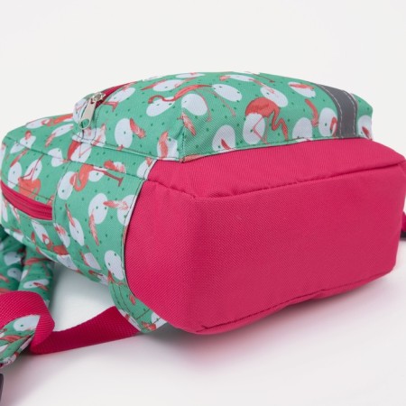 Baby backpack on a zipper, an external pocket, a reflective strip, turquoise color/pink color-4