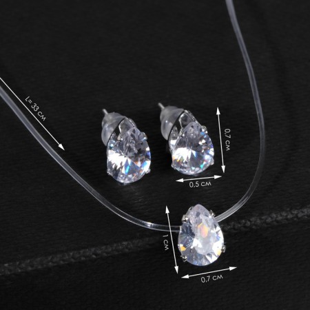 Set 2 objects: earrings, pendant “on the fishing line” Drip, white color in silver, 35cm-2