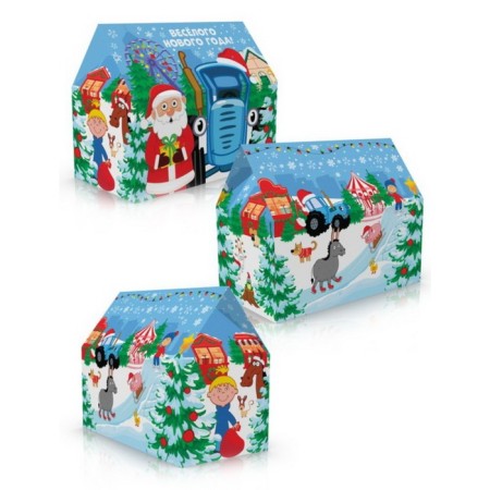Package-Korobok, New Year's "Fun New Year!", 37 x 33 x 20 cm, blue tractor-1