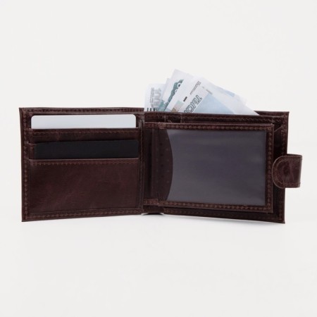 Men's purse on a button, for bills, for cards, for coins, brown color-5