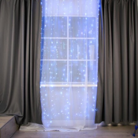 Garland "Curtain" 2.8 × 3 m dew on hooks, with a remote control, IP20, silver thread, 300 LED, glow blue, 8 modes, USB-1