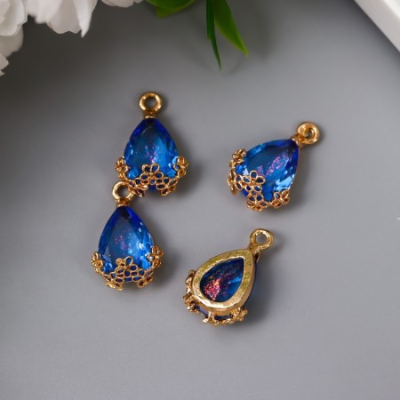 Decor for creativity Plastic "A drop with golden flowers" Blue crystal 2x1.2 cm-2