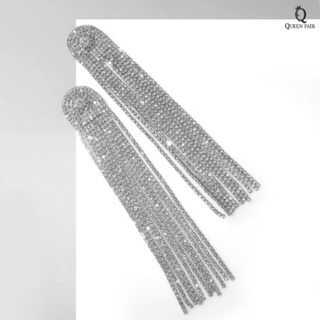 Hanging earrings with rhinestones "Waterfall" semicircle, 11 threads, white color in silver, 14 cm-1
