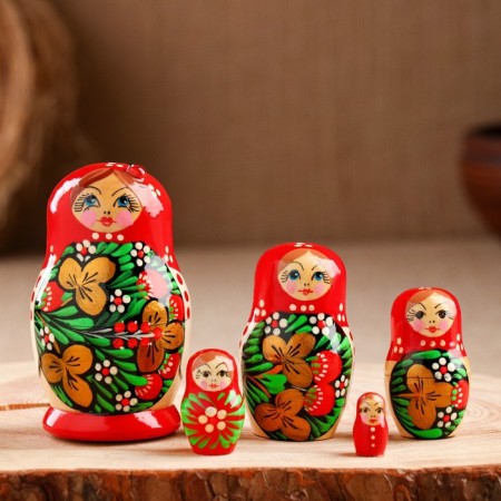 Matryoshka "God's cow", red scarf, 5 puppet, 9-11 cm