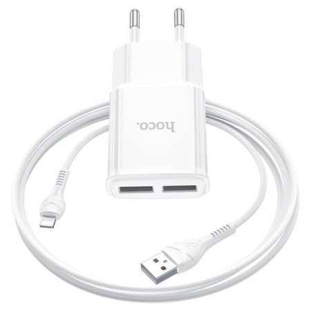 Network charger Hoco C88A, 2 USB, 2.4 A, Lightning cable - USB, 1 m, white
