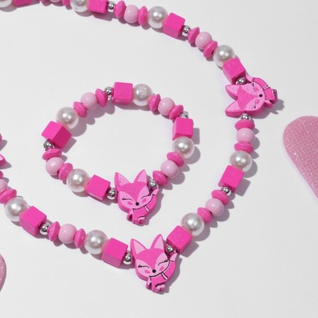 Set of children's "chosen" 2 items: beads, bracelet, foxes, bright pink color-2