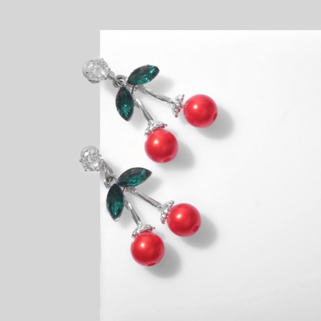 Earrings Assorted "Cherries" on branches, red-green in silver-1