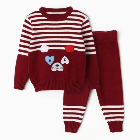 Knitted children's kit (jumper, trousers), burgundy color, height 74