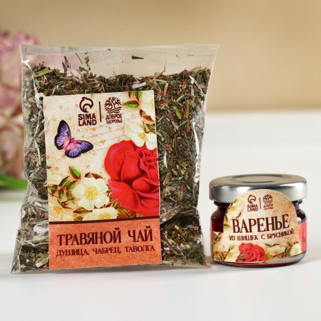 Gift set “Happy March 8”: herbal tea 20 g, jam from pine cones with lingonberries of 30 g, syrup 100 ml.-2