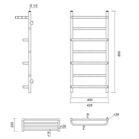 Domoterm water heated towel rail "Orpheus" P7, 400x800 mm, with a shelf, bronze-2