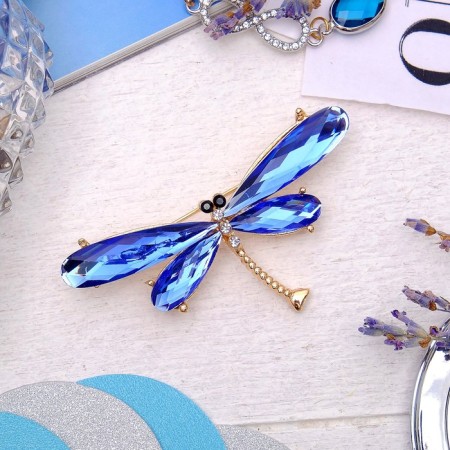 Brooch "Dragonfly", faceted wings, blue color in gold-1