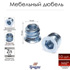 Дюбель "ТУНДРА krep", мебельный,  металлический, резьба М6, 10 шт