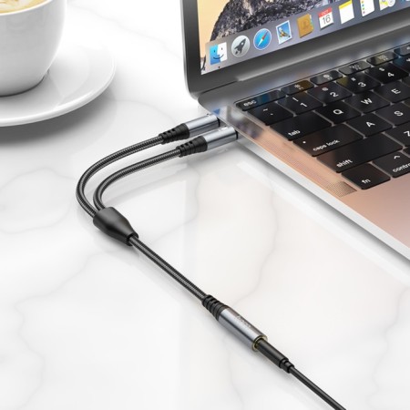 Hoco UPA21, Jack 3.5 mm (F) cable - 2 * jack 3.5 mm (m), 0.25 m, nylon, gray-7