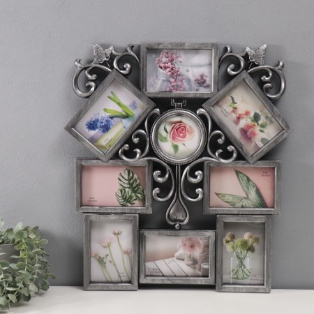 Photo frame Plastic in 9 photos 10x10, 10x15 cm "Patterns" Dark silver 54x49 cm