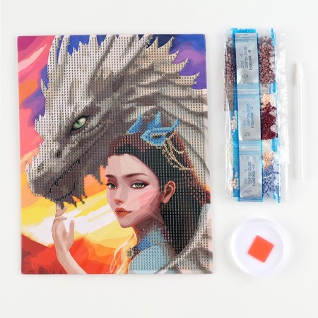 Diamond mosaic with a partial filling on a cardboard basis "Girl with a Dragon", 20 x 25 cm-1