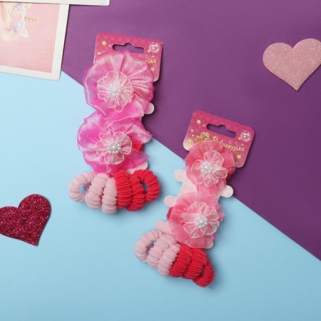 Hair elastic band "Lace" (set 8 pcs) voluminous flower mix, pink-3