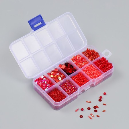 Glass beads 8/0, 12/0 in the box "red" beads, glass and sequins 13x6.5x2.3 cm