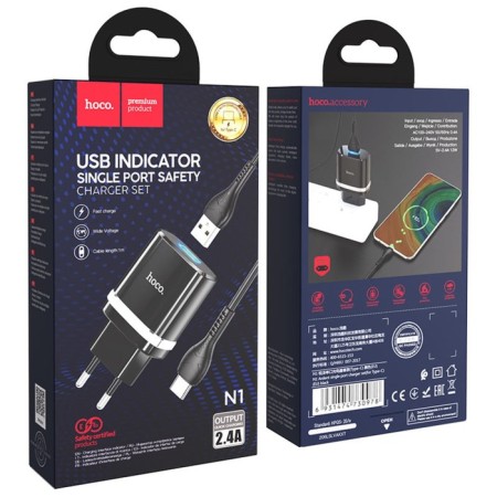 Network charger Hoco N1, 1 USB, 2.4 A, Type-C-USB cable, 1 m, black-4