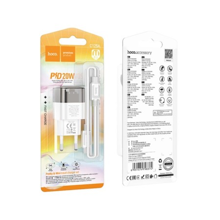 Network charger HOCO C125A, Type-C, 20 W, transparent, Type-C-Type-C, Black-2