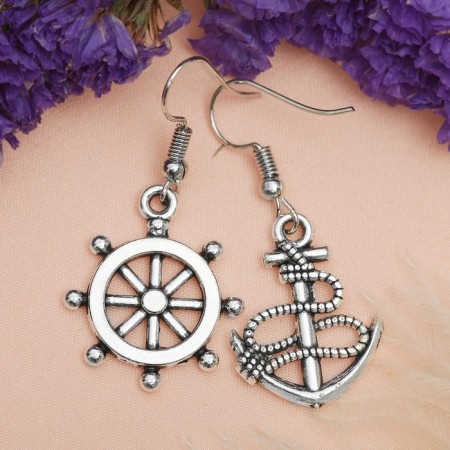Earrings Metal "Sailor", Black Silver Color-1