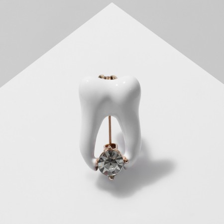 Brooch "Tooth" with rhinestones, white color in gold