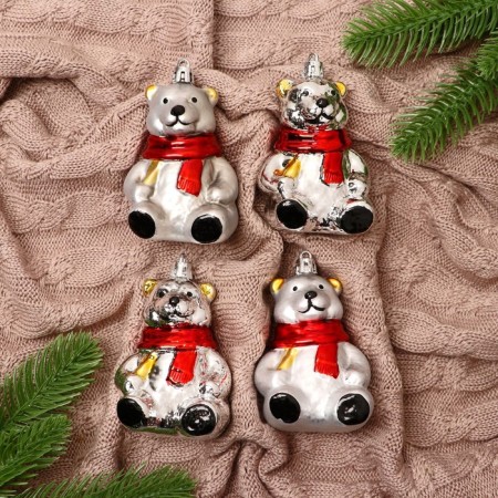 Christmas tree decoration "Bear in a scarf" (set 4 pcs) 5.5x8 cm, silver
