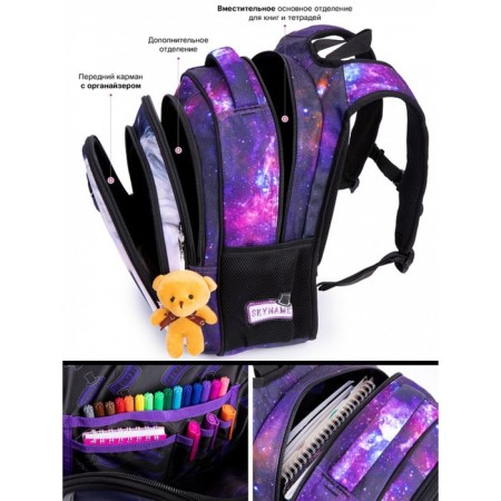 School backpack, 37 x 30 x 16 cm, ergonomic back, Skyname R2, + keychain bear, purple R2-199-6