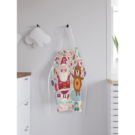 Apron kitchen with a photo print "Santa Claus with a bear", adjustable, size OS-1