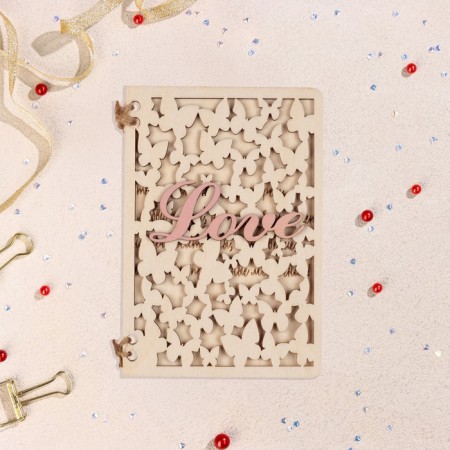 Wooden postcard "Love" handmade, light, butterflies, 12x8 cm