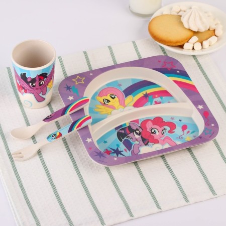 A set of children's bamboo dishes, 4 items: plate, fork, spoon, glass, My Little Pony-1