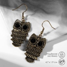 Earrings metal Art owl, black color in black gold