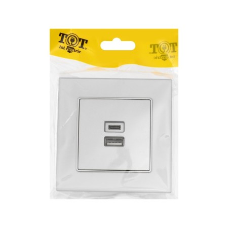Socket with USB-A + usb-C connectors, 2.1 A, 5V, TOT MATTE GLASS, hidden, glass, silver 104396-4