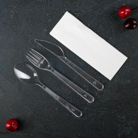 A set of plastic disposable devices "premium", 4 in 1, fork, spoon, knife, napkin white, transparent color-1