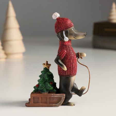 Souvenir Polystone "Dachshund in a sweater and hat is lucky a Christmas tree on a sled" 8x4x12.5 cm-1