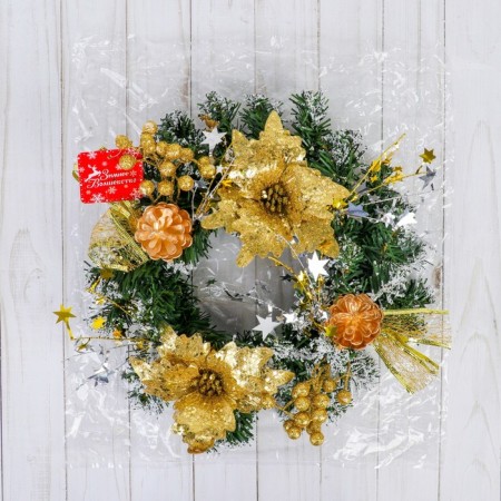 New Year's Wreath D-24 cm "Flowers and cones" gold-2