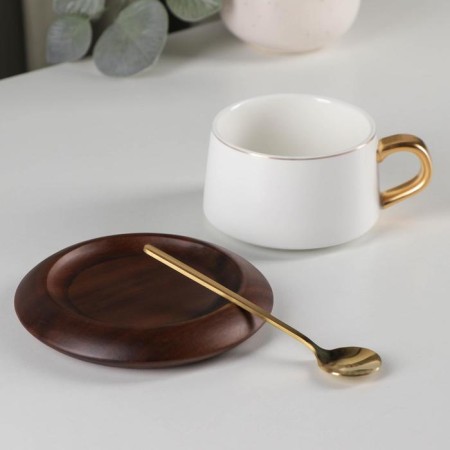 Tea couple ceramic with a spoon "Ulun", 2 items: a cup 280 ml, a saucer d = 13 cm, white color-1