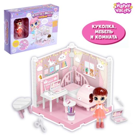 Plastic house for dolls "Visiting Molly" a bedroom with a doll and accessories