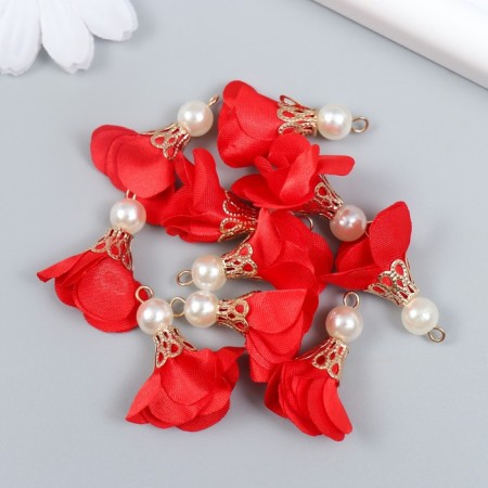 Decor for creativity Textile "Flower with a pearl. Red" set 10 pcs 2.5 cm-2