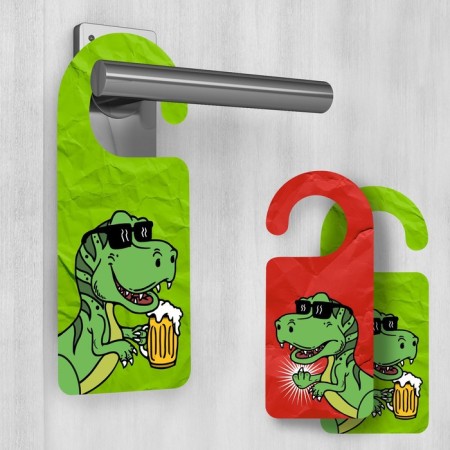 A sign on the door "Dinosaur with beer"