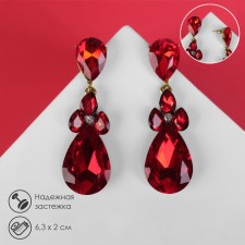 Hanging earrings with “Party” rhinestones flower of drops, red-white color in gold, 6.3 cm