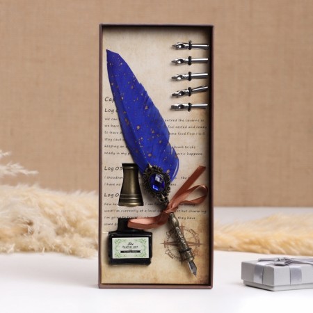 Gift set 3B1 "Artifact": feathers, ink, tips, blue-1