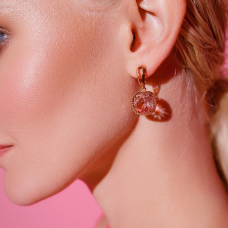 Earrings with “Illusion” rhinestones, a smooth square, raspberry-purple color in gold-3