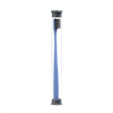 The toothbrush is soft, in the tube, blue