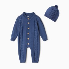 Combineson children with a hat knitted minaku, height 62-68, blue color