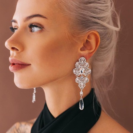 Earrings with rhinestones "Triumph of light" drop, white color in silver, 11.5 cm-4